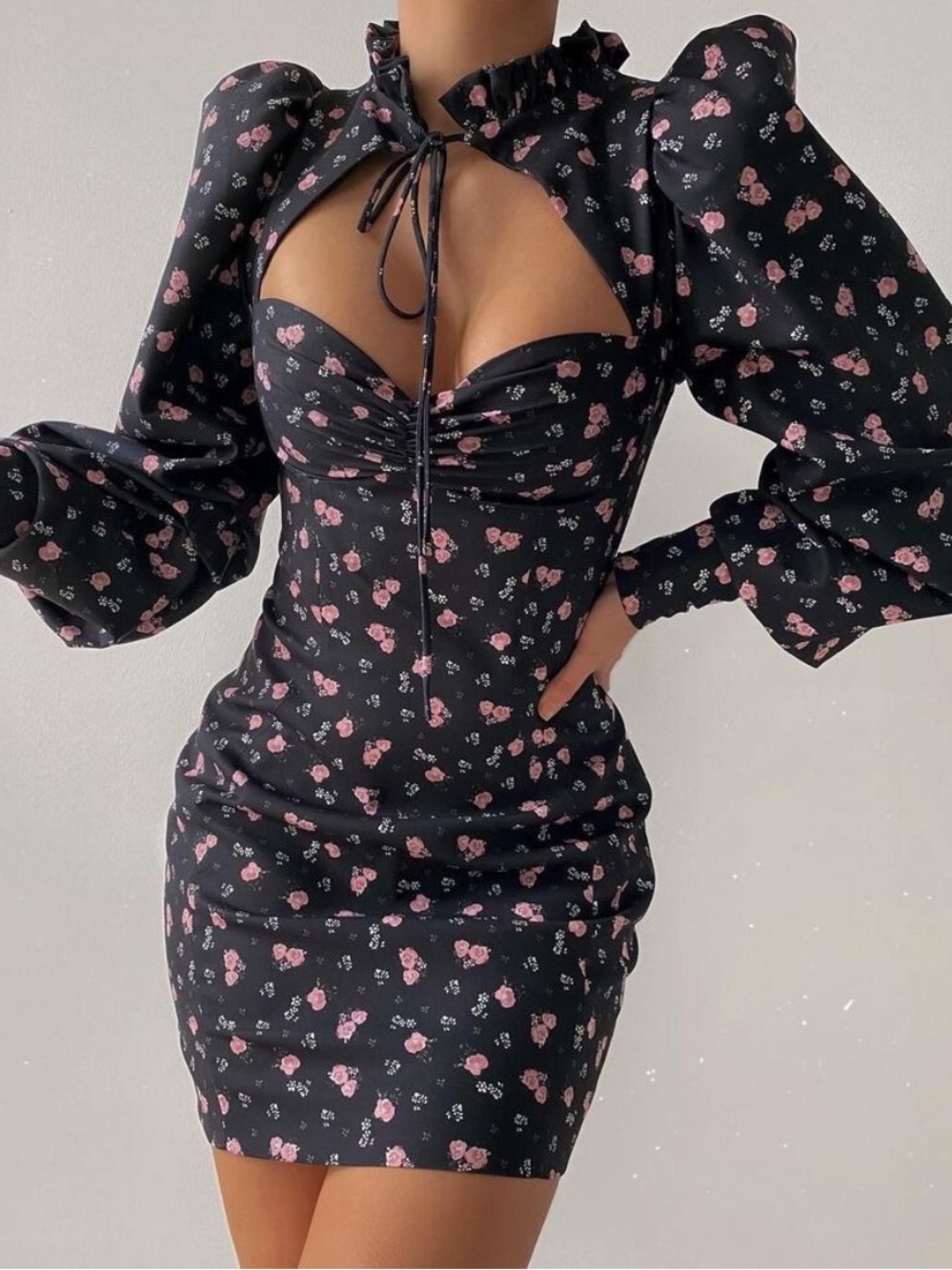 House of CB CARMEL Black Floral Puff Sleeve Mini Dress